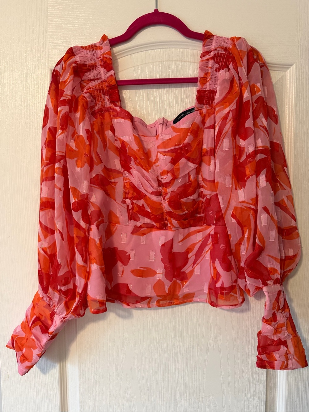 French Connection Pink Red Floral Puff-Sleeve Blouse